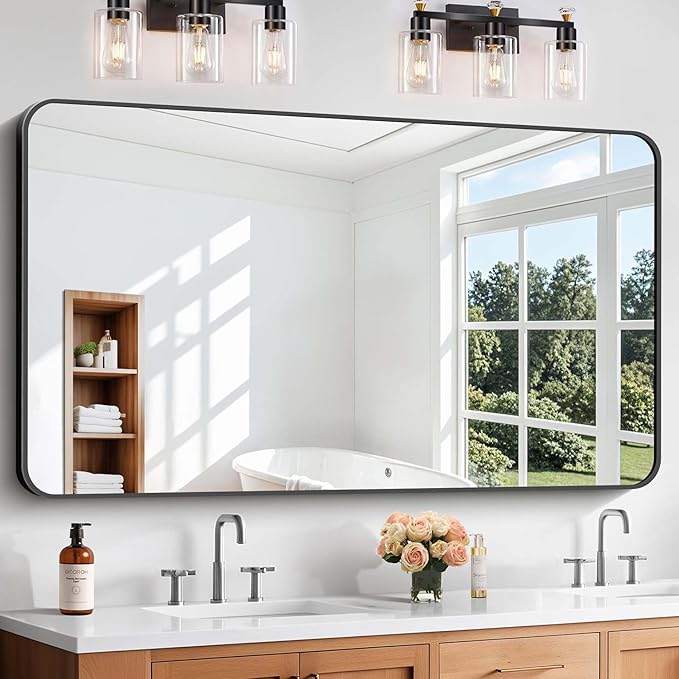 Bathroom Mirror, Metal Frame Rounded Corner Vanity Mirror, Large Wall Mounted