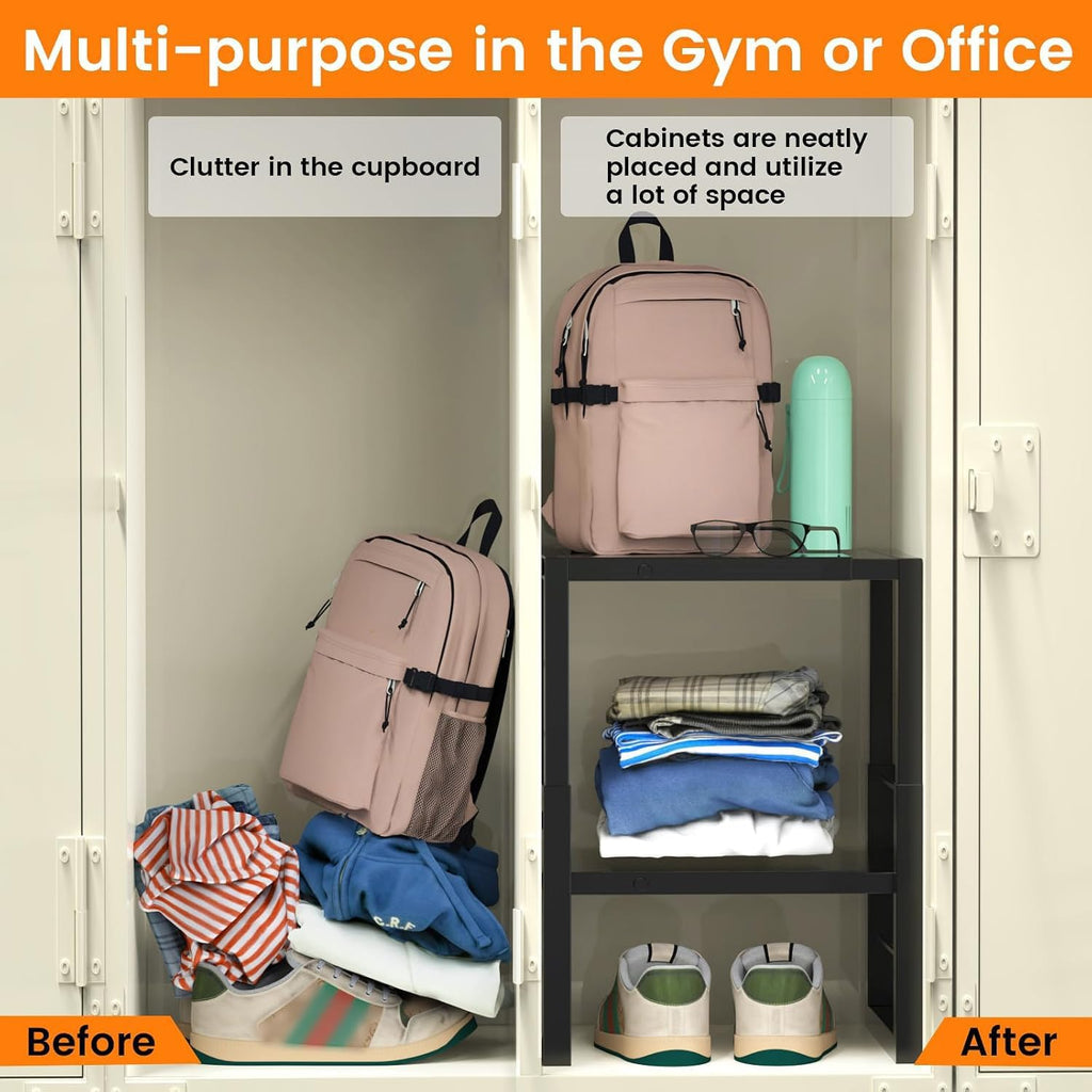 lidtop locker organizer shelf, metal adjustable width and showing dimensions