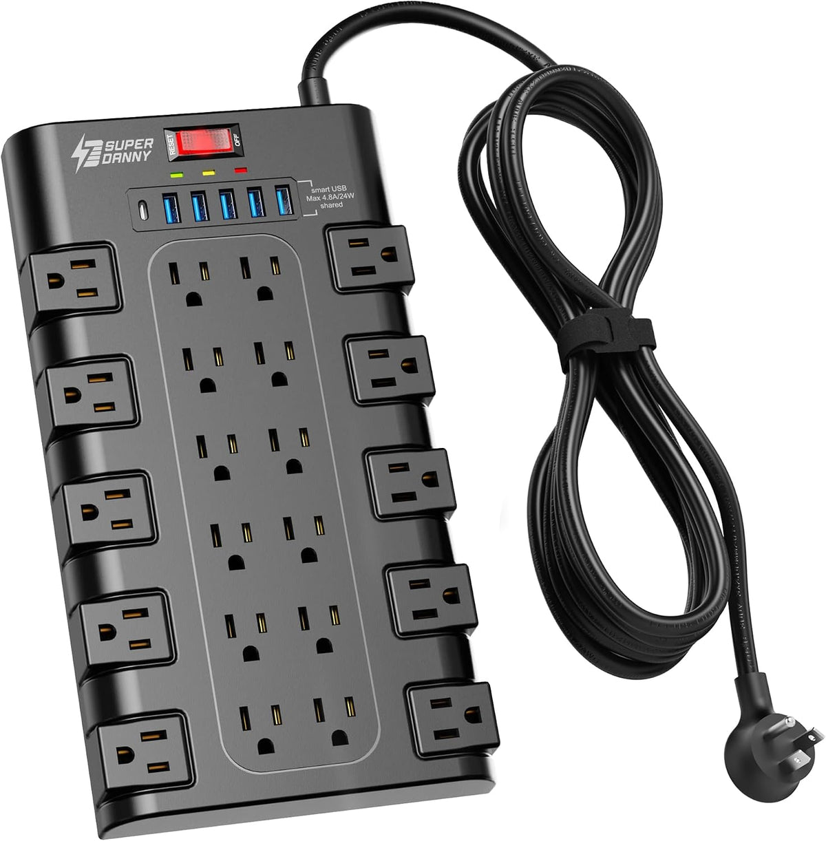 Extension Cord 10 Ft, SUPERDANNY Power Strip Surge Protector