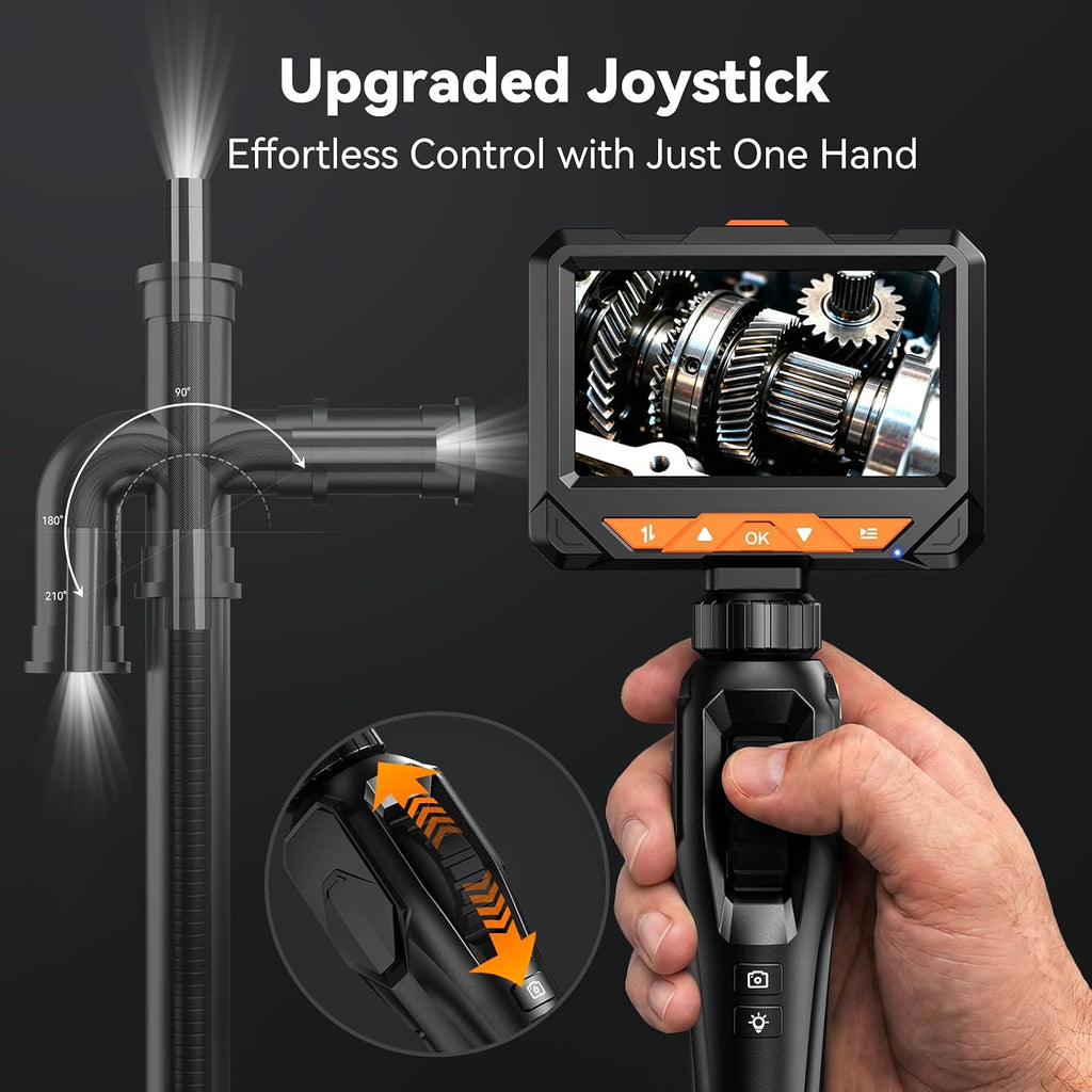 two-way 210° articulating borescope, 4.3" 1080p endoscope camera, close-up detail