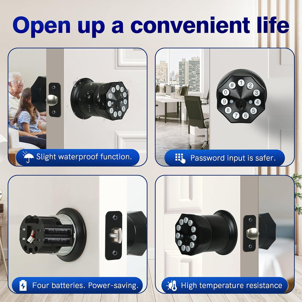 Door Knob with Keypad and Key, Keyless Entry Door Lock,Smart Digital Knob Unlock by Passcode/Keys/USB backuplock,Electronic Door Knob for Home Bedroom Apartment Garage Office Security,Black