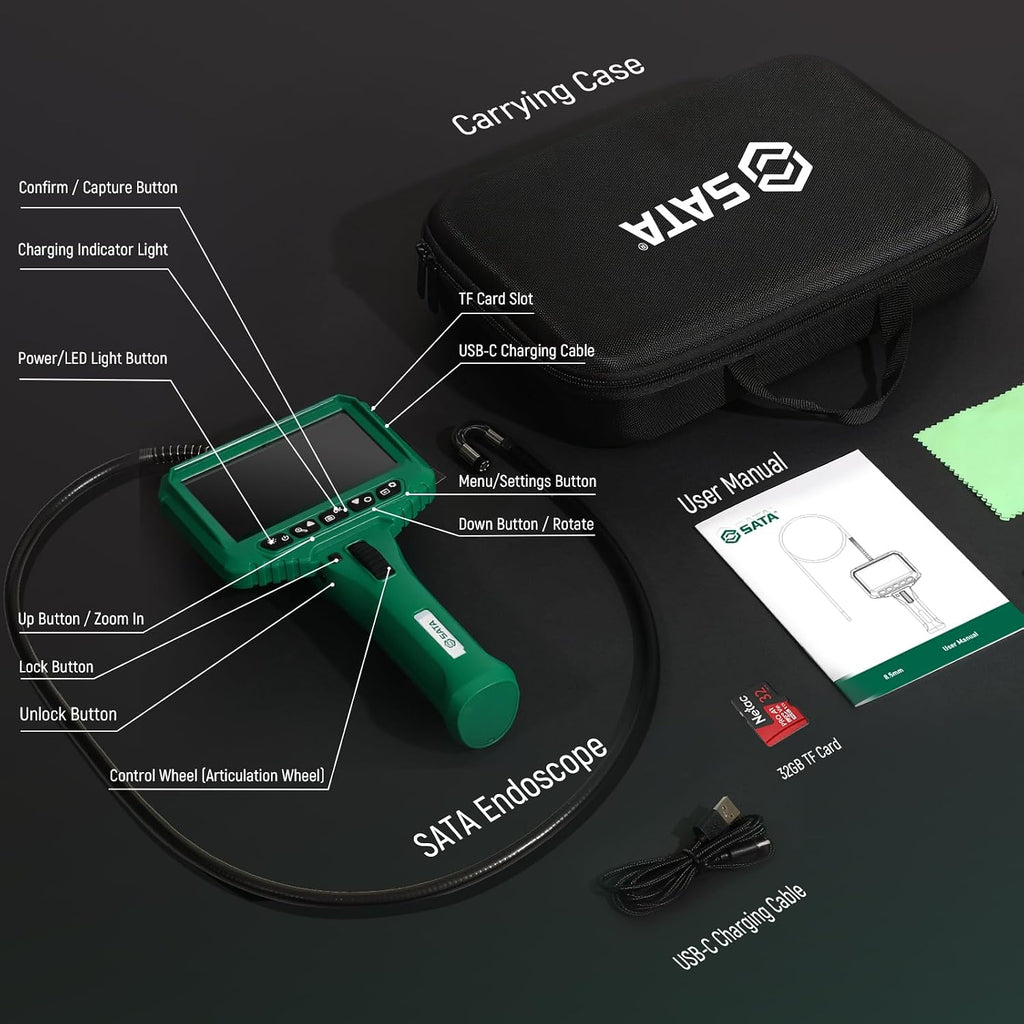 sata articulating borescope camera with light, 210° two-way, front angle view