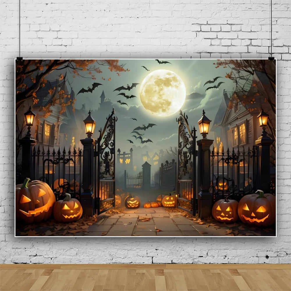 12x8ft Halloween Backdrop Scary Full Moon Night Pumpkin Ghost Castle Hallowee...