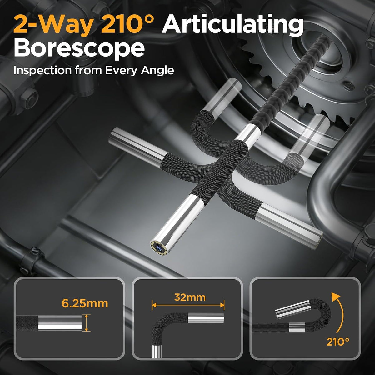 autool svb208 articulating borescope, 2-way 210° 0.24in ultra-slim, close-up detail