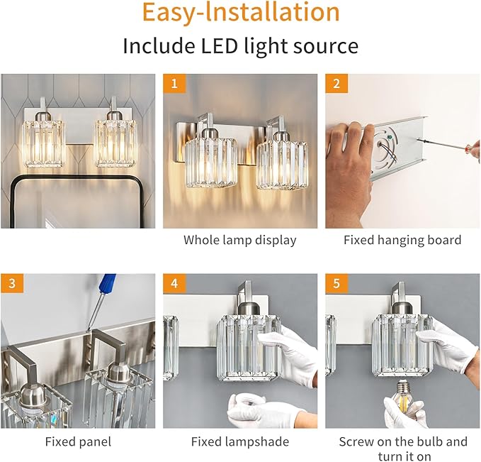 FDPBY Modern Bathroom Vanity Light 2-Lights Brushed Nickel Vanity Light Crystal