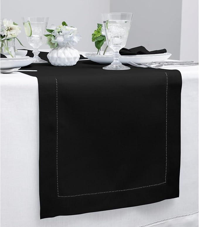 Solino Home Linen Black Table Runner 72 Inches Long - 100% Pure Linen Hemstitch Table Runner 14 x 72 Inch for Dresser, Dining, Fall, Autumn, Halloween, Thanksgiving, Holiday - Classic Hemstitch