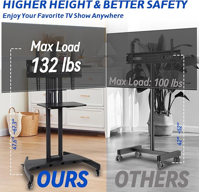 GCCSJ Rolling TV Stand with Adjustable Shelf，Portable TV Stand on Wheels