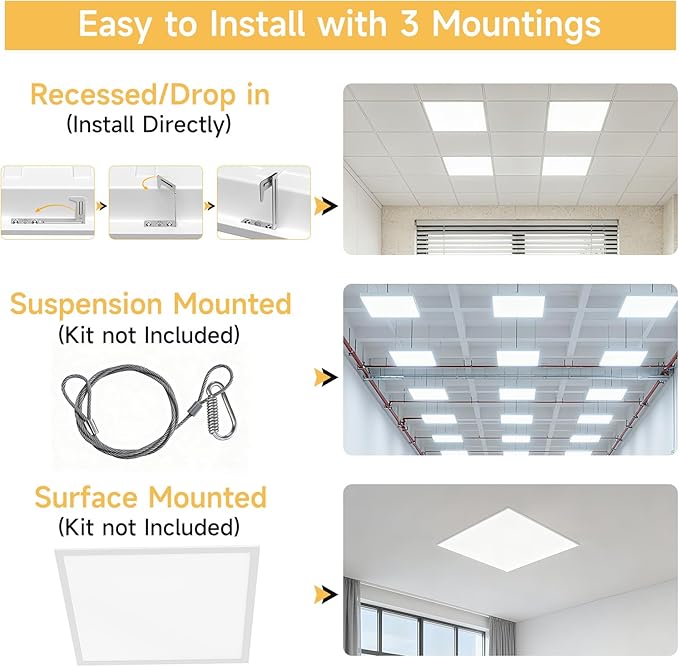 6 Pack 2x2 LED Flat Panel Light Drop Ceiling Office Fixture, Surface Mount Drop