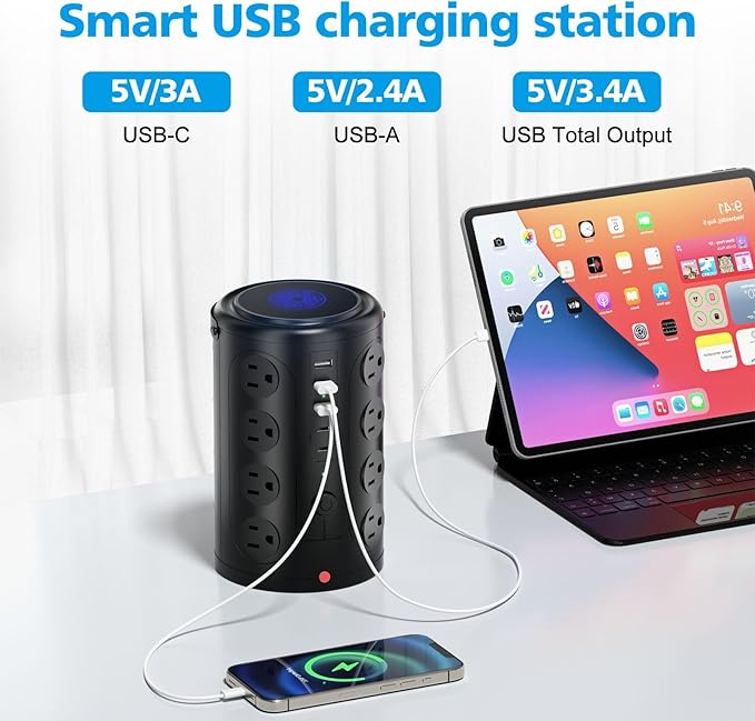 Tower Power Strip with 15W Wireless Charger, 20FT Extension Cord, 16 AC Outlets