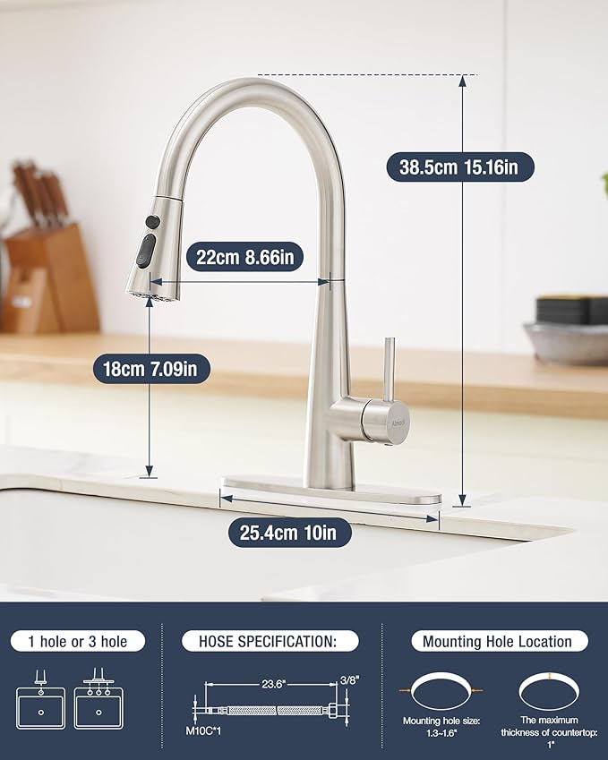 AIMADI Kitchen Faucet with Pull Down Sprayer – High Arc 360° Swivel Brushed