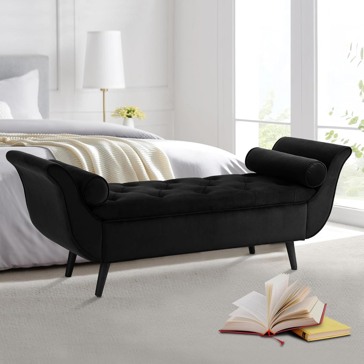 Velvet Storage Bench 65" Tufted End of Bed Ottoman with 2 Pillows (Black)