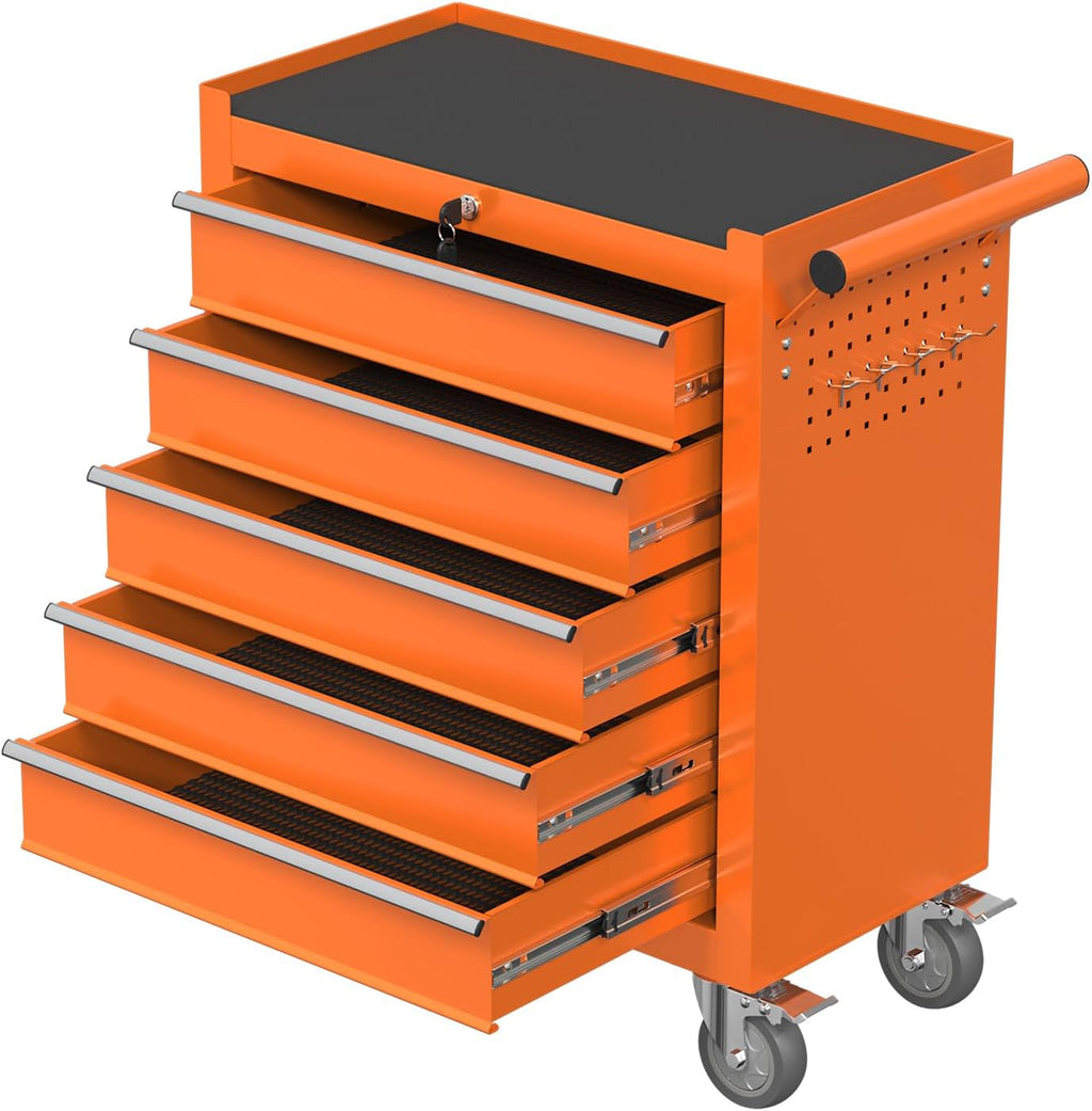 5-Drawer Rolling Tool Chest with Wheels, Metal Tool Storage Cabinet with Lock&Keys and Swivel, Toolbox with drawers, Tool Box for Warehouse,Garage, Repair Shop, Workshop (Orange, 5-Drawer)