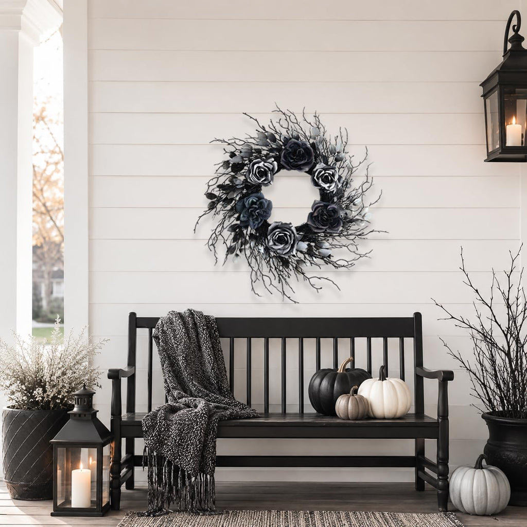 22 Inch Black and Silver Halloween Wreath with 40 Orange LEDs