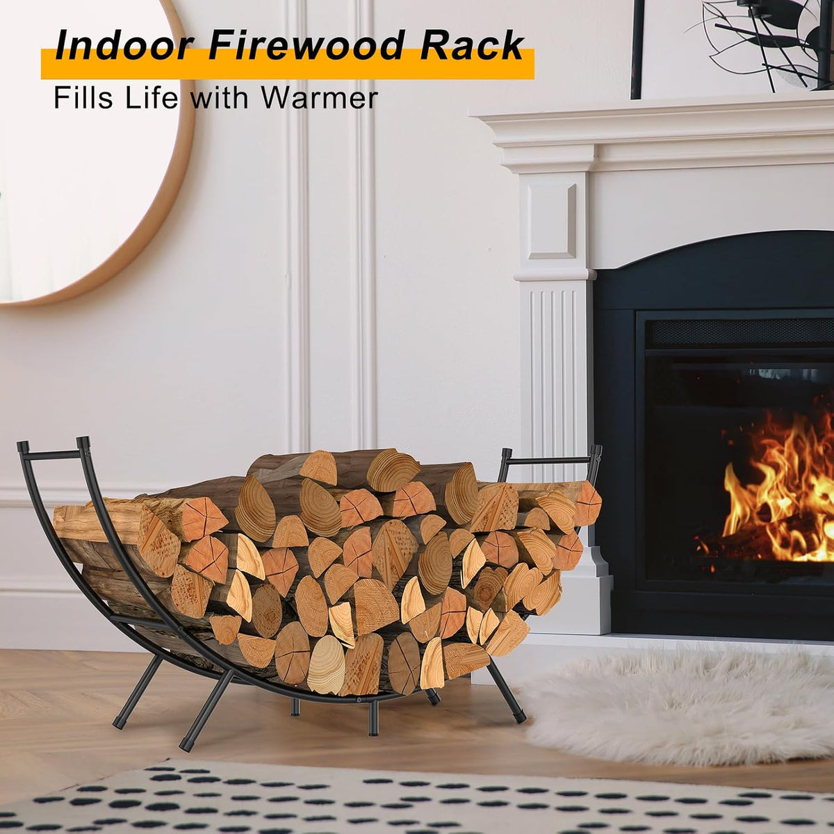 curved firewood rack,48 in powder-coated log holder for, side view
