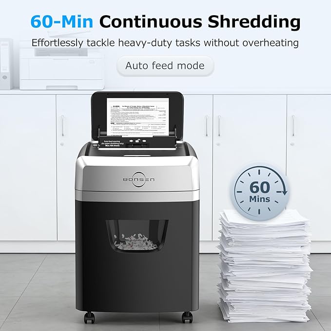 BONSEN 150-Sheet Autofeed Paper Shredder Heavy Duty, 60 Mins Micro-Cut Shredder