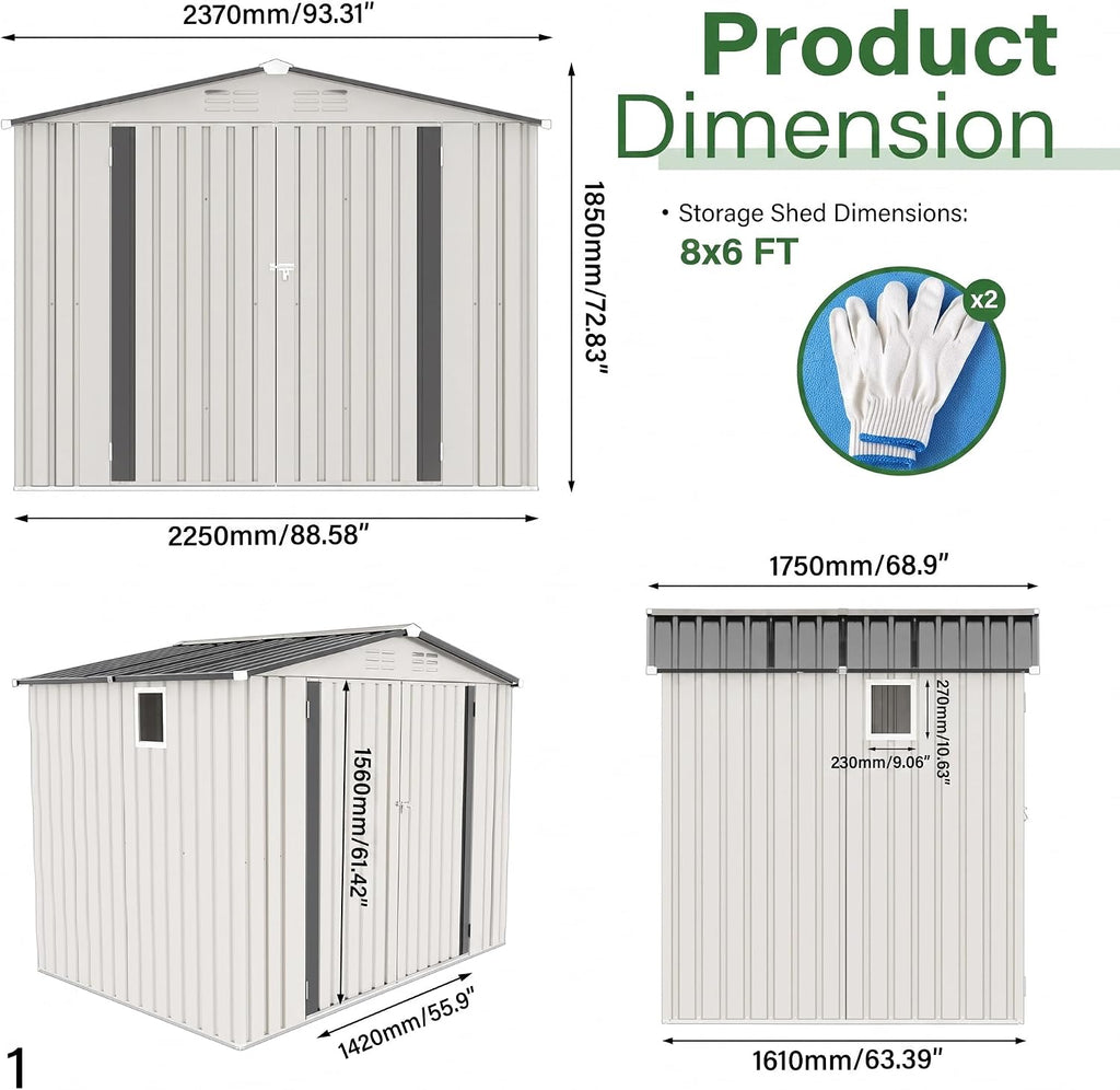 8x6 ft outdoor storage shed, metal garden shed shown in use