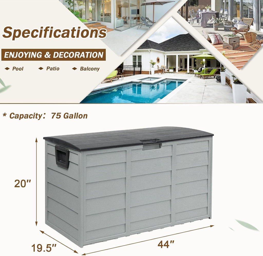 75 gallon outdoor deck storage box, patio resin, side view