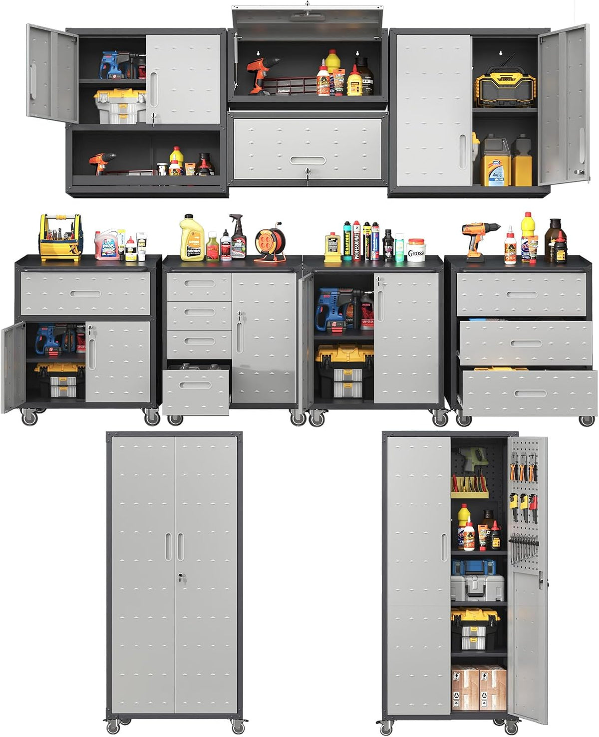 Garage Storage Cabinet System,Wall Cabinet & Locking Rolling Tool Cabinet with Doors and Adjustable Shelves