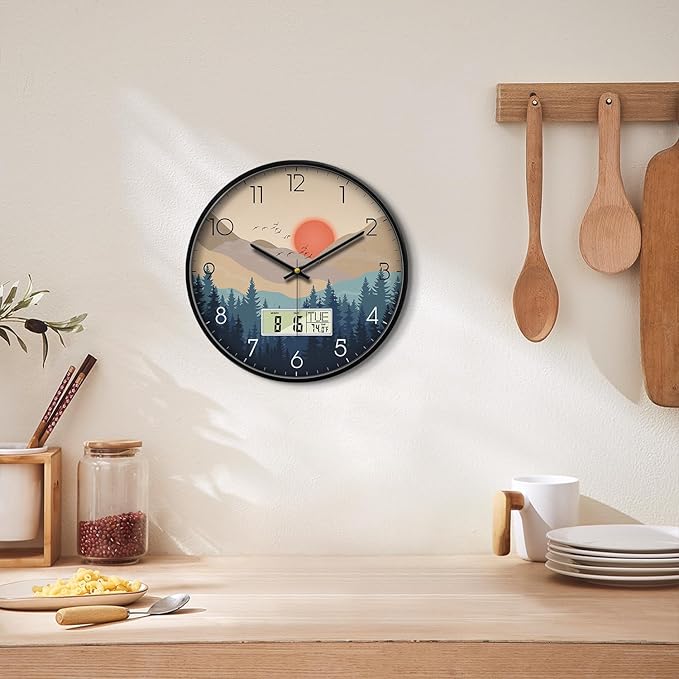 Silent Wall Clock with Day Week Temperature Wilderness with Sunset Non-ticking