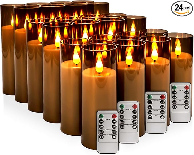 Halloween Decoration Flickering Flameless Candles Battery Operated Timer Led Pillar Candles with Realistic Moving Wick Candles for Home Decor 24 Pack (D2.2 xH 5" 6" 7")(Grey)