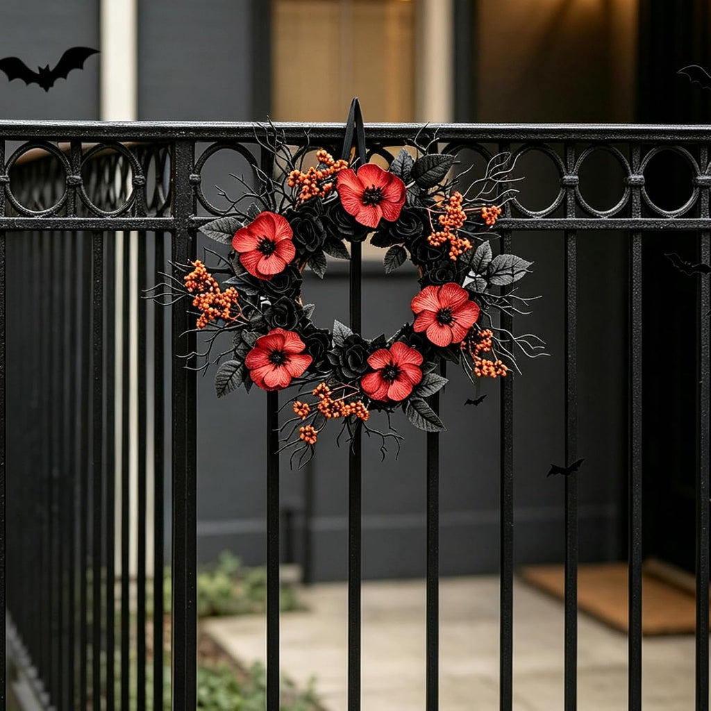 TEMPUS Halloween Wreath Set, 18 Inch, Black Rose and Poppy Berry, Handmade, for Front Door, Mantel, Window, Indoor Fall Decor, 2 Pack
