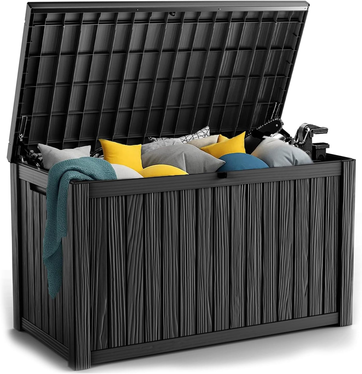 patiozen 180 gallon resin deck box, lockable patio shown in use