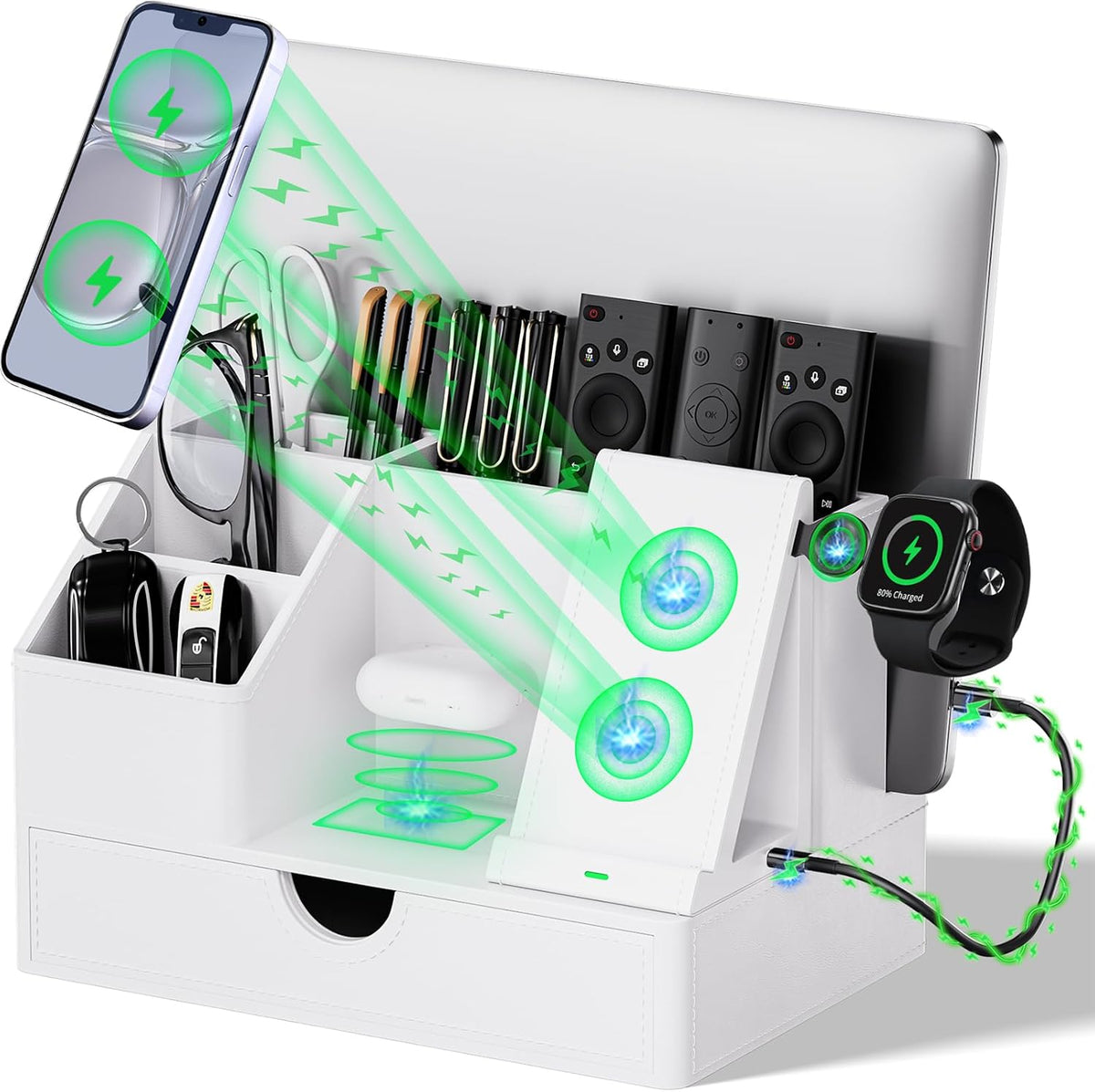 Sleek White PU Leather Charging Station