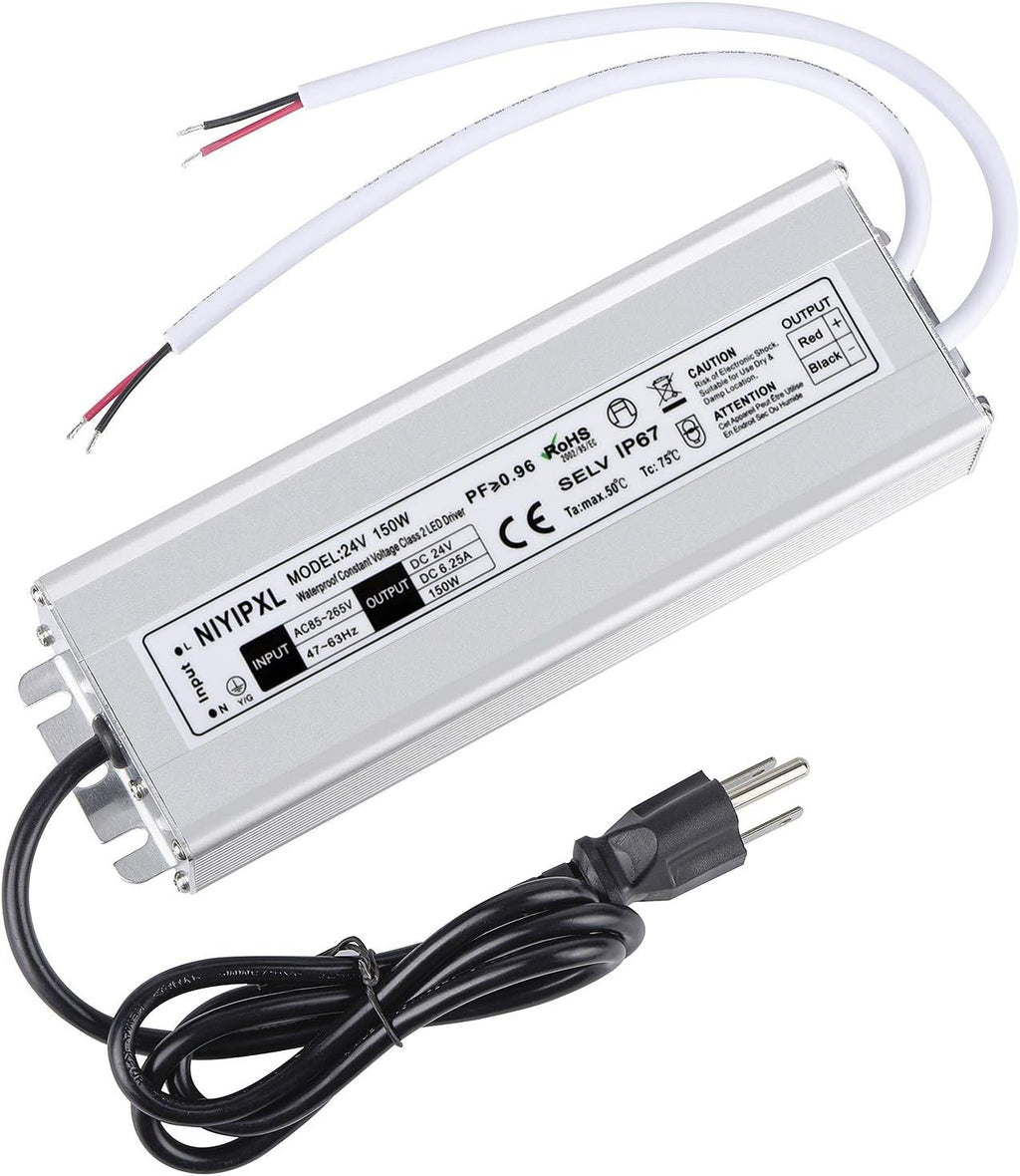 LED Driver 150 Watts 24V DC Low Voltage Transformer， Waterproof IP67 LED Power