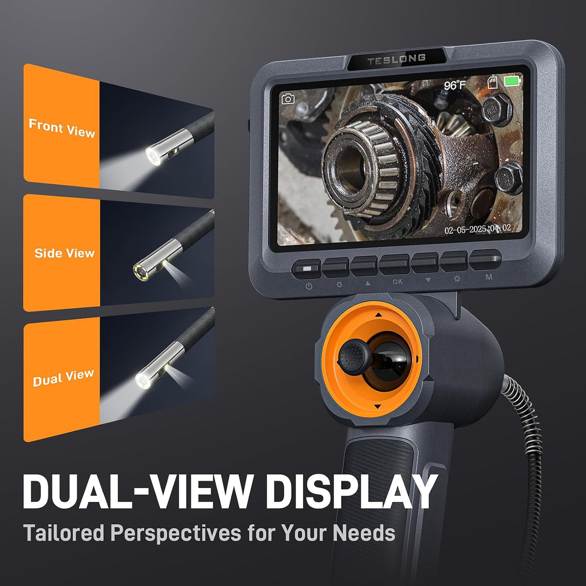 teslong dual lens 4-way articulating borescope for wall, close-up detail