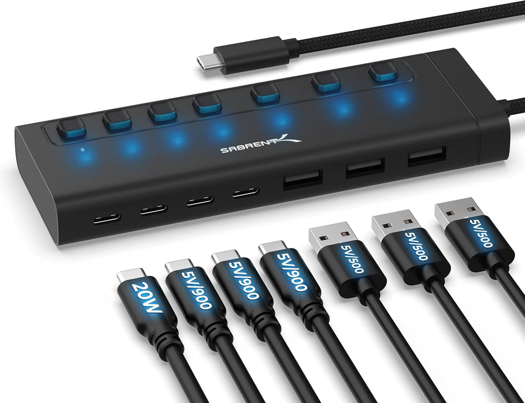 SABRENT 7-Port USB-C Hub with Power Switches, 5Gbps USB 3.2, 48W Powered Hub