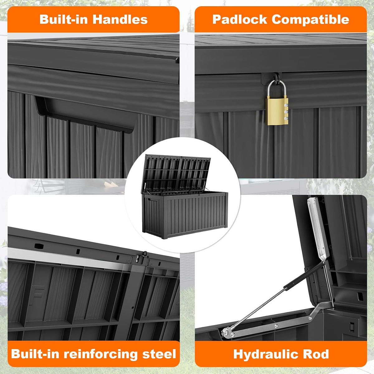 patiozen 180 gallon resin deck box, lockable patio, close-up detail