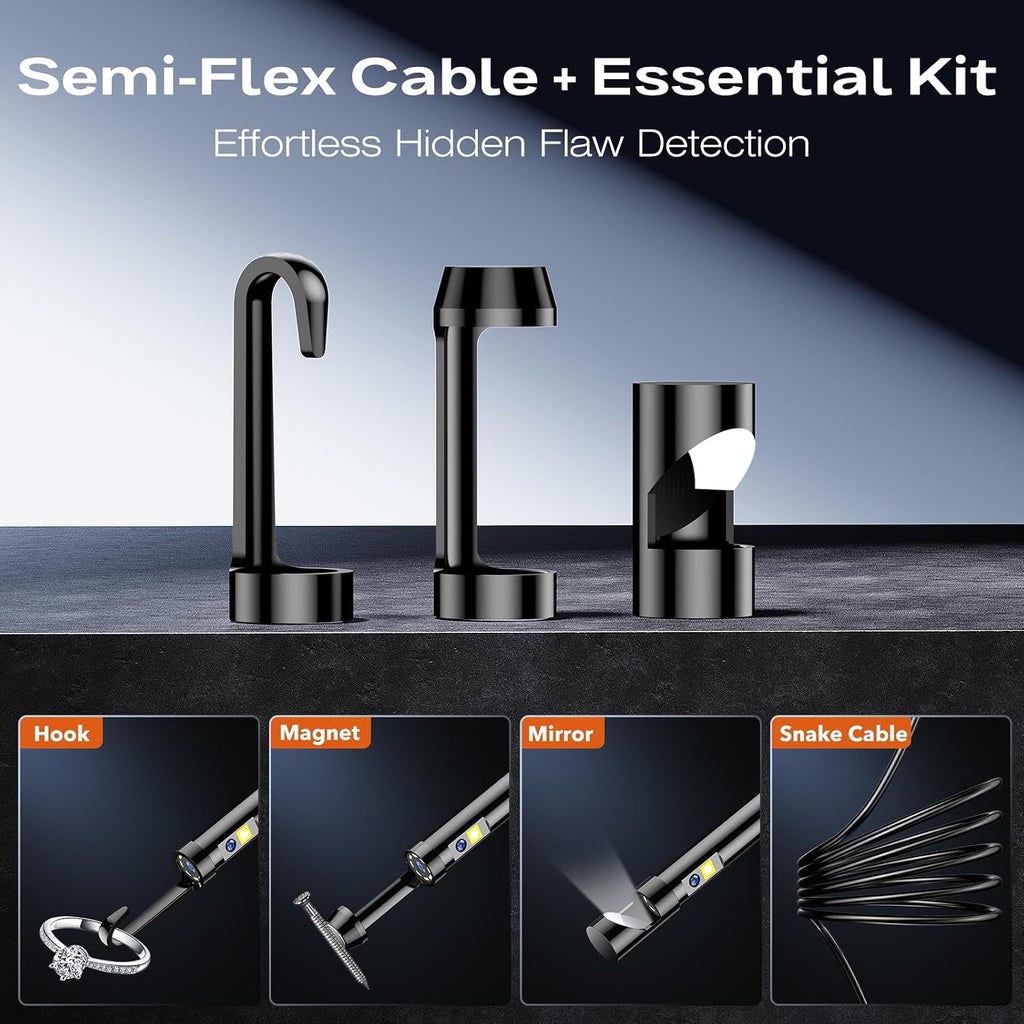 dual lens endoscope camera with light, 4.3" ips on a desk or shelf