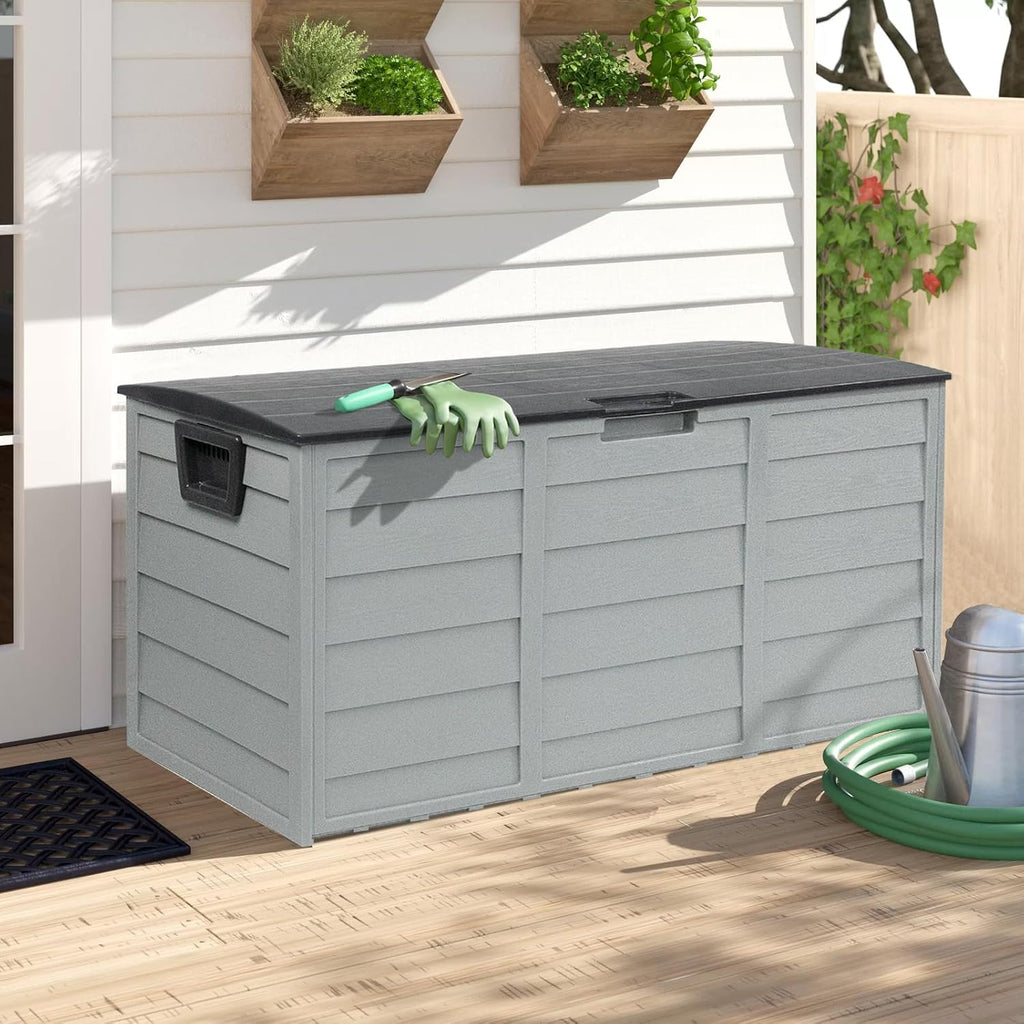 75 gallon outdoor deck storage box, patio resin shown in use