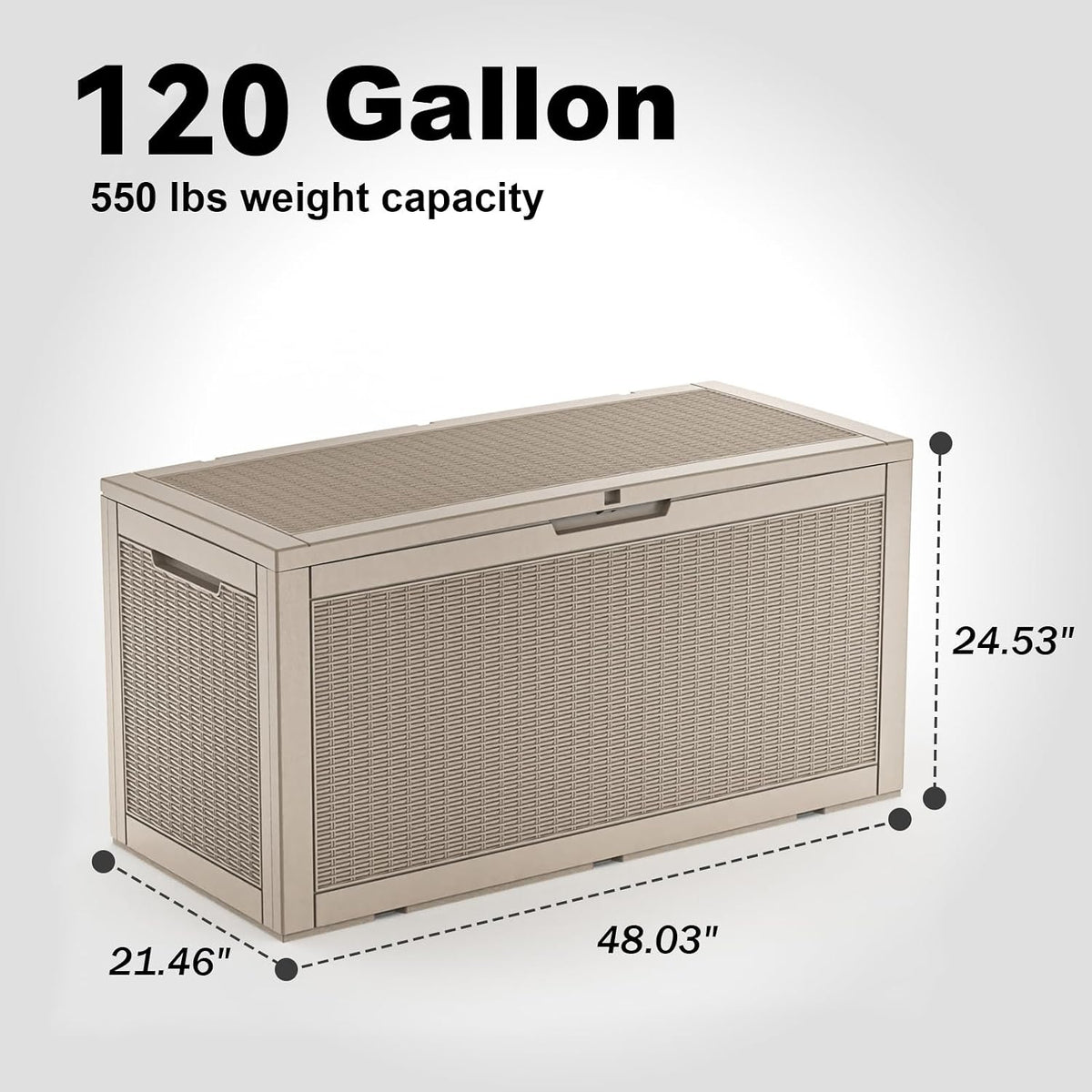 patiozen 120 gallon resin deck box, lockable patio showing dimensions