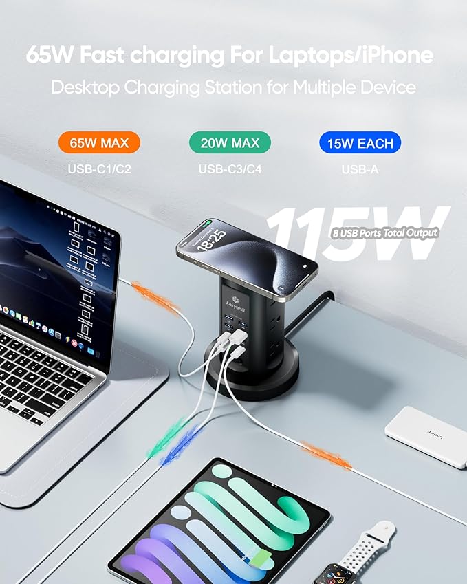 Kakyanill 115W USB Charging Station, Surge Protector Power Strip Tower