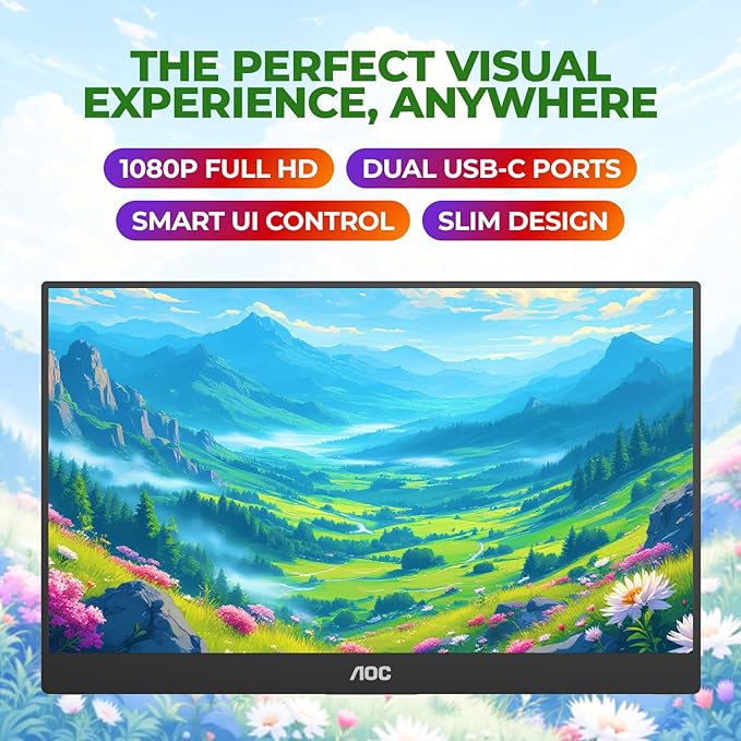 AOC 16T20 Portable Monitor 15.6" FHD 1080p IPS Display, USB-C Portable Laptop