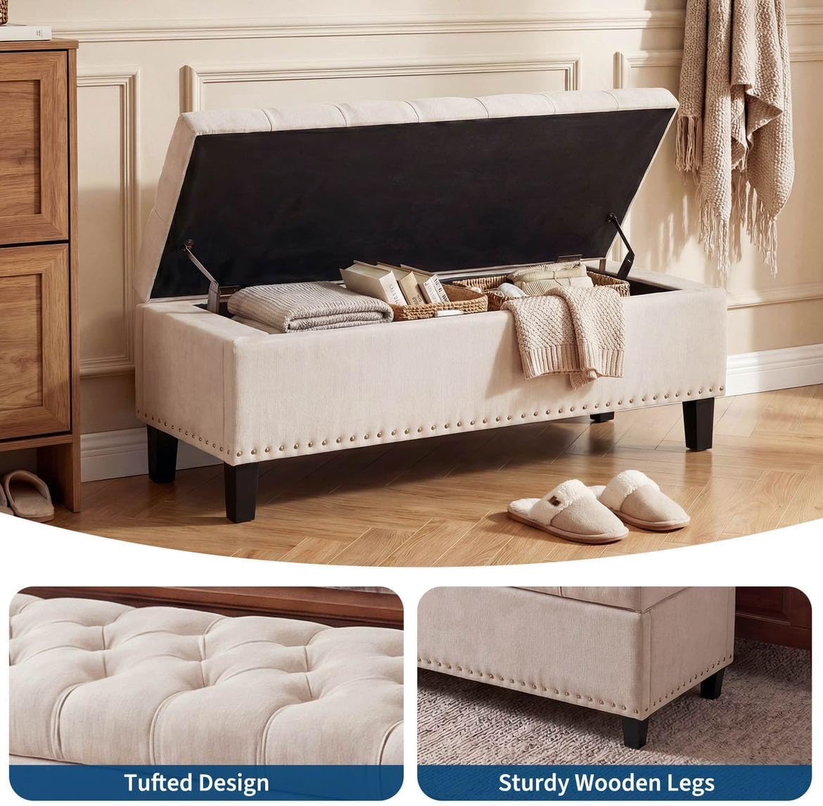 51" extra large storage ottoman bench, supports 660lbs, package contents