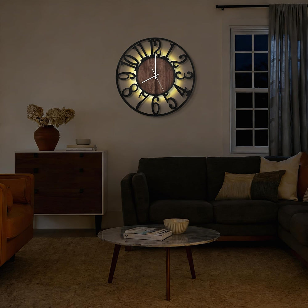 24" Silent Wall Clock – Adjustable Night Light, Battery Operated
