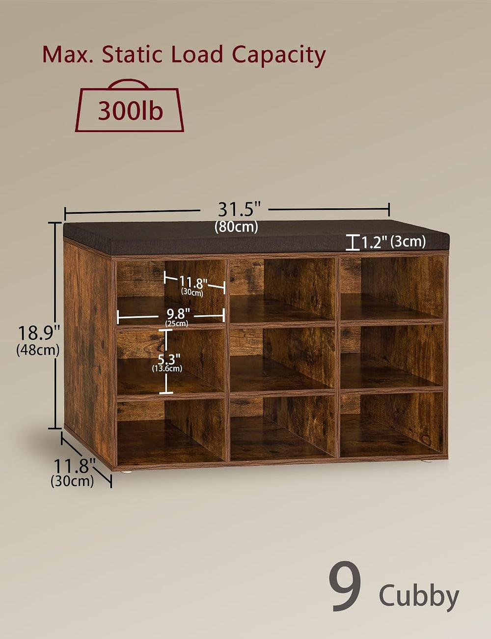DINZI LVJ Shoe Storage Bench with Cushion, 31.5" Cubby Shoe Rack, 9 Cubbies