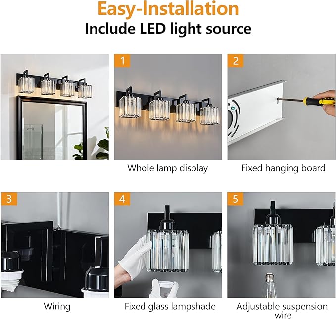 FDPBY Modern Bathroom Vanity Light 4-Lights Plating Black Vanity Light Crystal