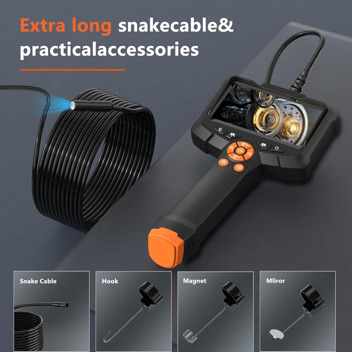 daxiongmao endoscope camera with light, 1080p hd borescope, front angle view