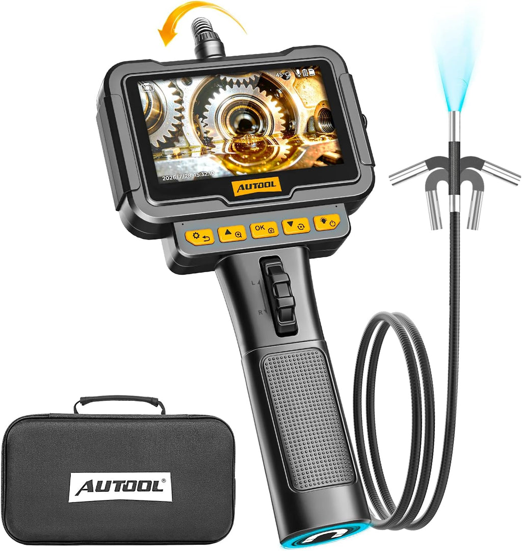 AUTOOL SVB208 Articulating Borescope, 2-Way 210° 0.24in Ultra-Slim Endoscope with Light, 4.3" IPS HD Screen 8X Zoom, IP67 3.3FT Flexible Video Scope Camera for Automotive Engine Inspection