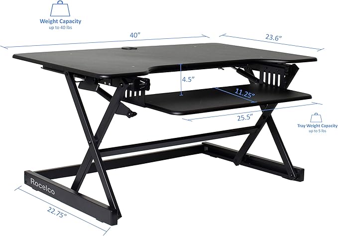 Rocelco 40" Large Height Adjustable Standing Desk Converter