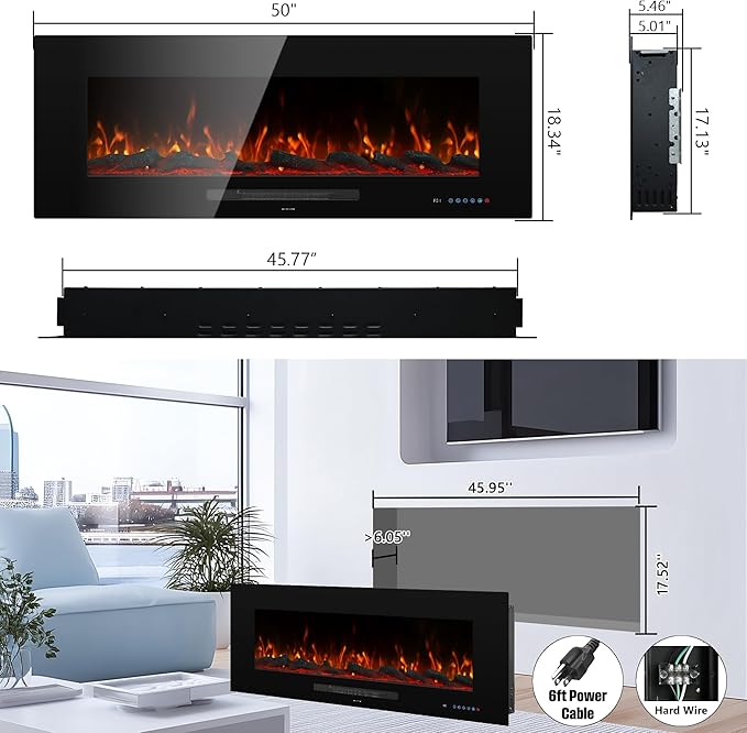 50" Electric Fireplace, Recessed & Wall Mounted Fireplace Heater 13 * 13 Colors
