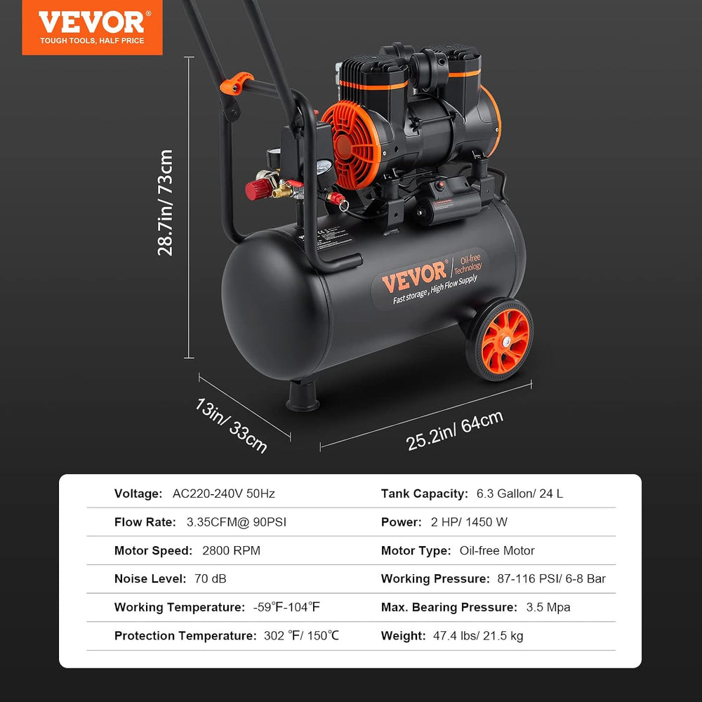VEVOR 6.3 Gallon 2 HP Air Compressor, Max 116PSI, Oil Free Compressor Tank
