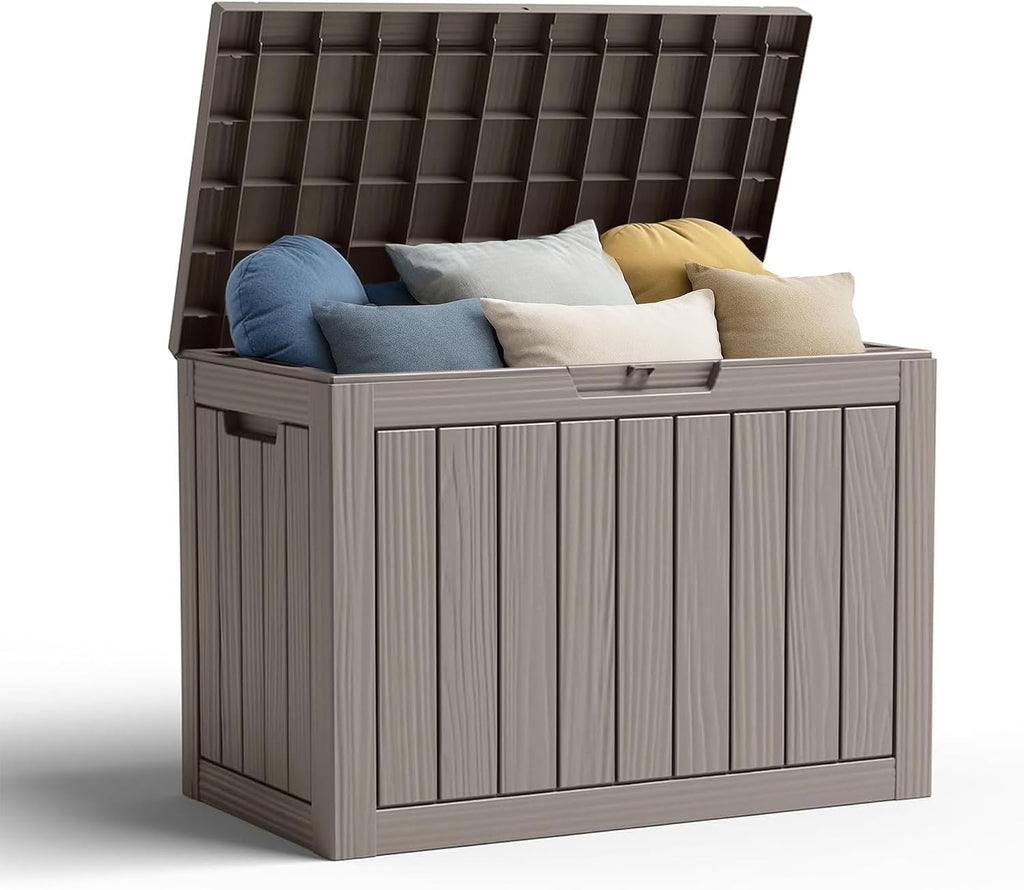 45 gallon waterproof resin deck box, uv resistant shown in use