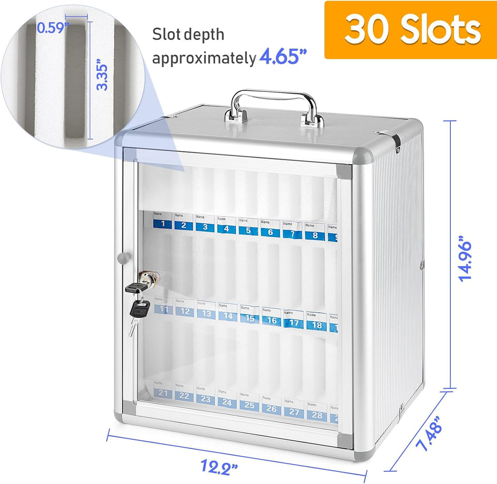 30 slots aluminum alloy cell phone locker, phone shown in use