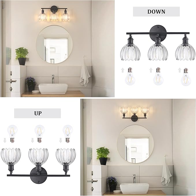 Shenmoyl Bathroom Light Fixtures, 3-Light Black Vanity Wall Light Over Mirror