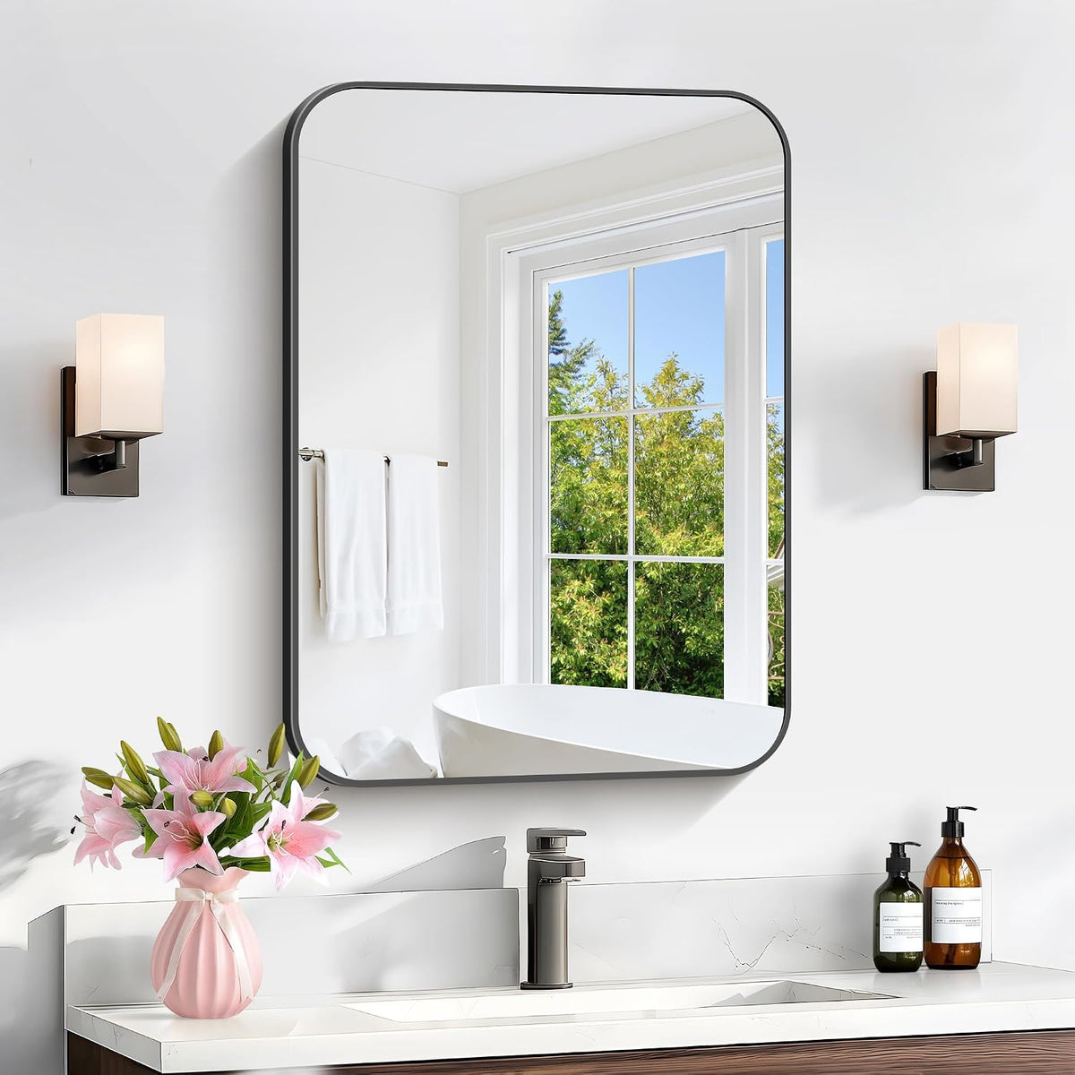 Bathroom Mirror, 18 x 24 inch Metal Framed Black Rectangle Mirror, Rounded