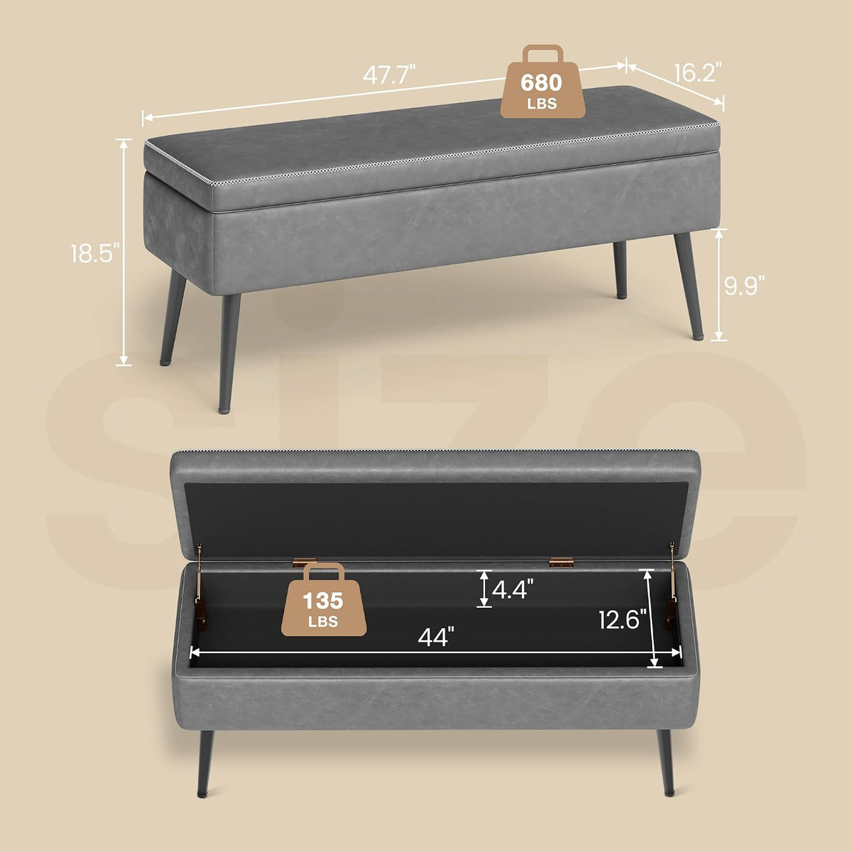 IDEALHOUSE Storage Ottoman Bench, Ottoman Foot Rest, Mid-Century Modern, Stitching and Synthetic Leather, Dual Safety Hinges, 670 LBS Load, End of Bed Bench for Bedroom, Living Room, Entryway, Grey